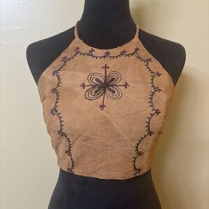 Vintage Passport Tan Embroidered halter Crop Top